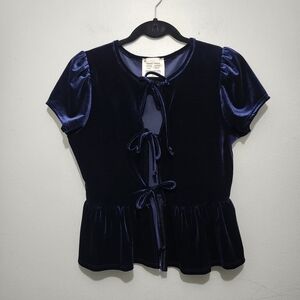 French Pastry Navy Velvet Tie-Front Blouse Size S
